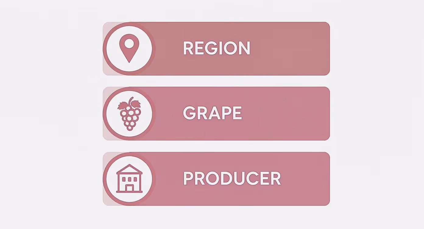 Three pink buttons with icons for wine search filters: Region, Grape, and Producer.