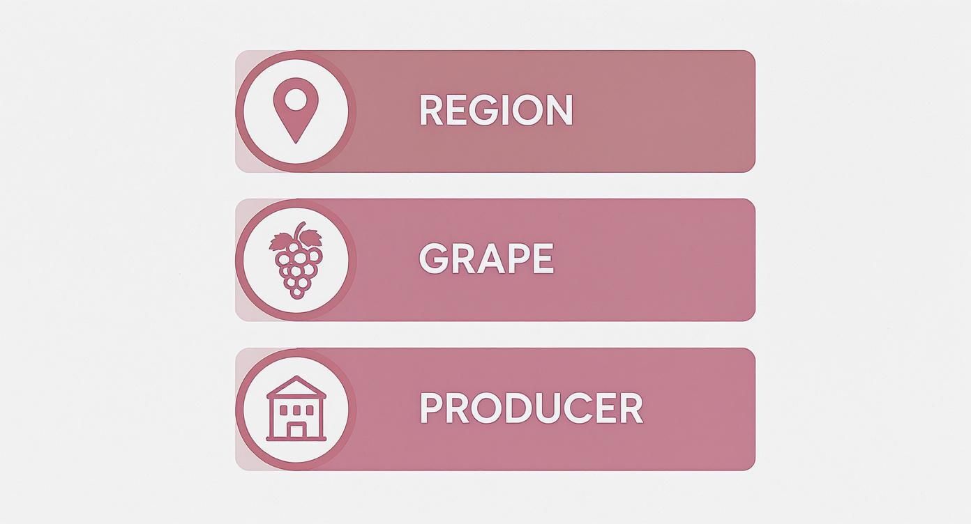Three pink buttons with icons for wine search filters: Region, Grape, and Producer.