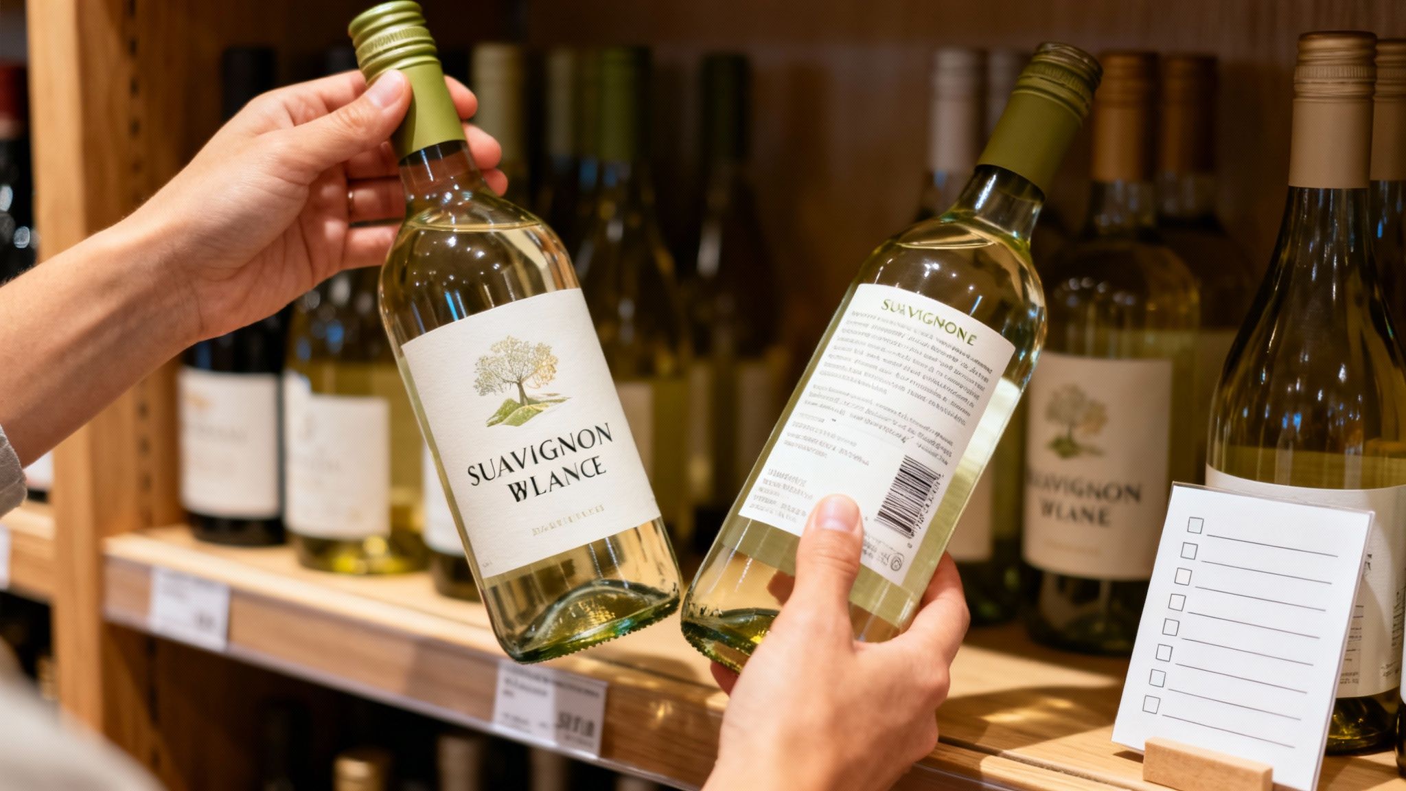 Close-up of a person's hands holding two bottles of Sauvignon Blanc white wine in a store.