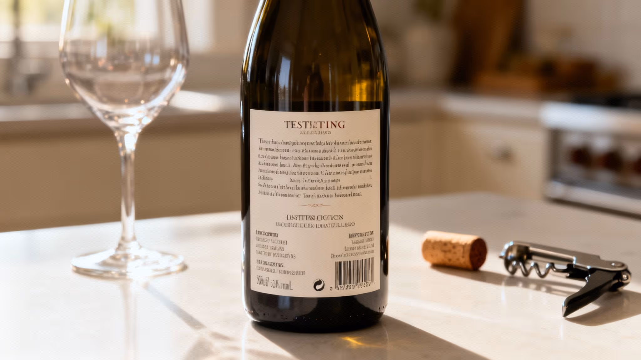 A wine bottle's back label, showing text, alongside a wine glass, cork, and corkscrew on a counter.