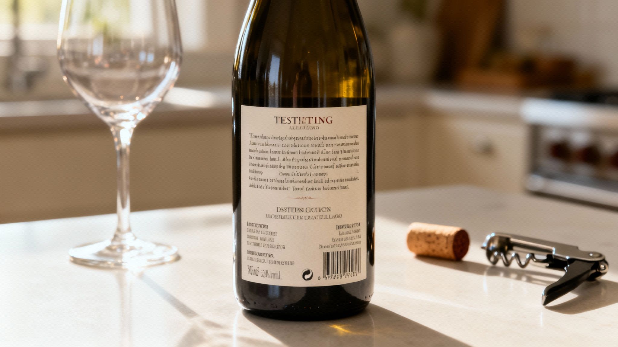 A wine bottle's back label, showing text, alongside a wine glass, cork, and corkscrew on a counter.