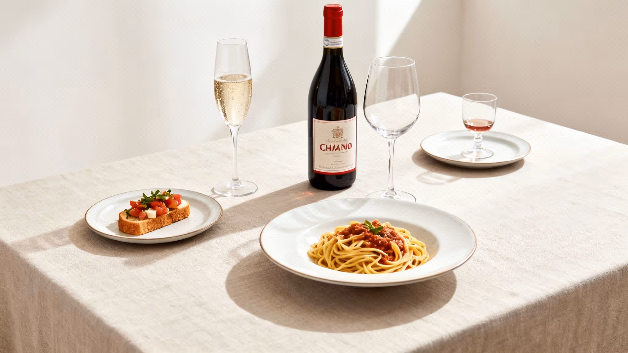 An Italian dinner spread with pasta, bruschetta, a bottle of Chiano wine, and drinks.