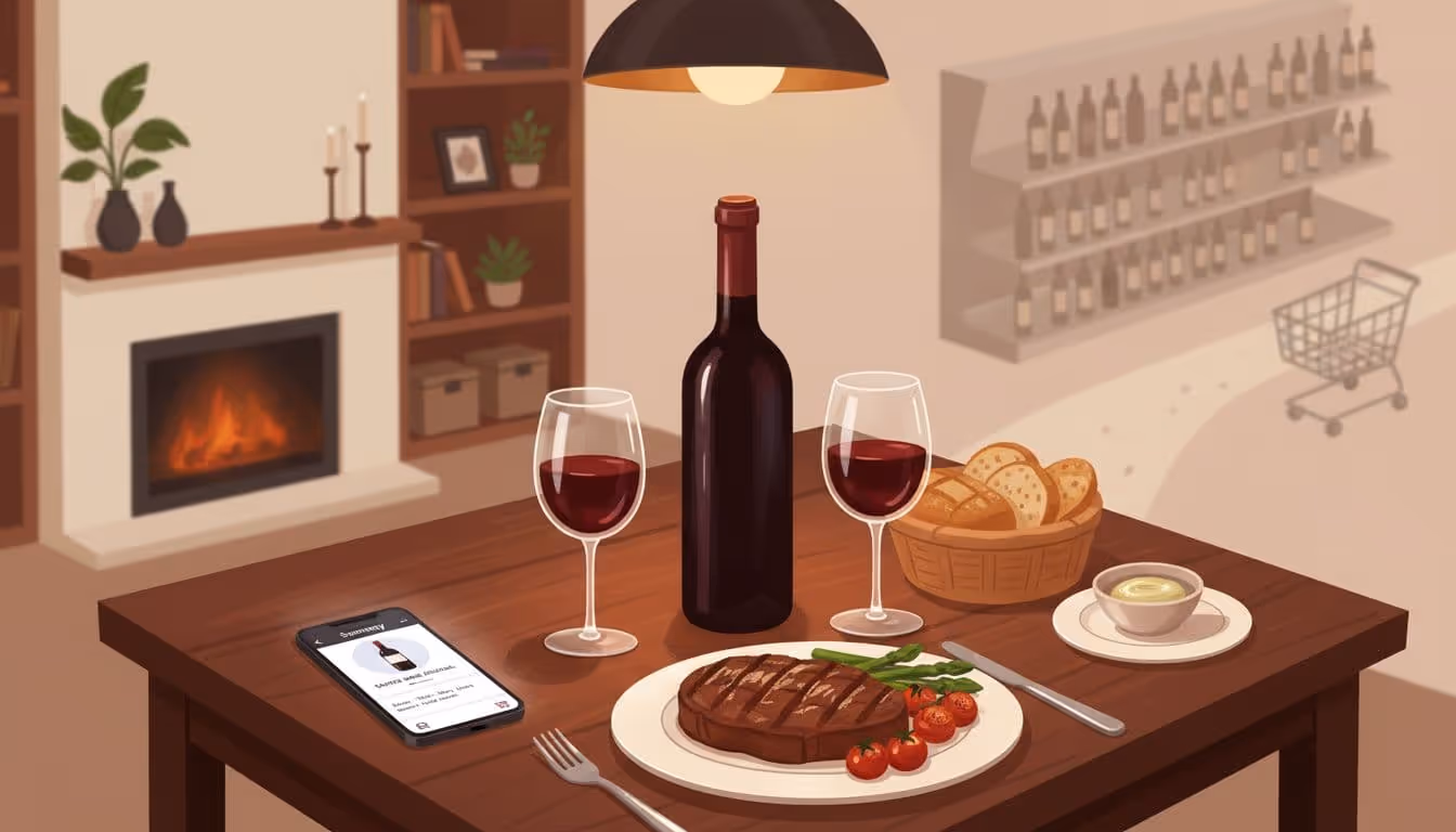 Cozy dinner table with wine, food, and a phone showing Sommy’s wine journal and pairing notes
