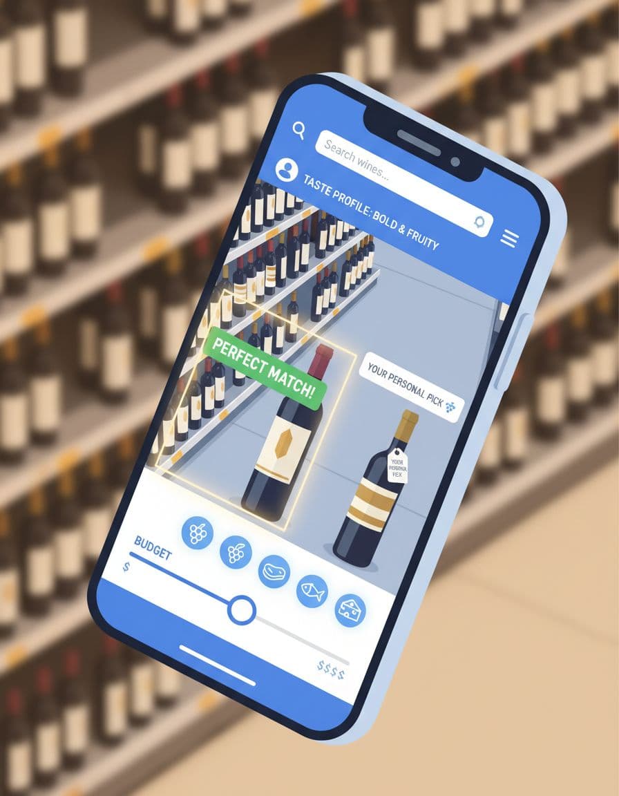 Close-up of smartphone screen showing Sommy app scanning wine bottles with recommendations highlighted