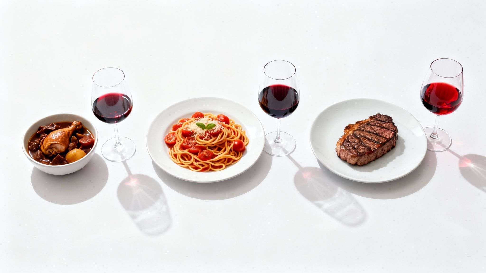 Delicious chicken stew, spaghetti with tomatoes, and grilled steak, each with a glass of red wine.