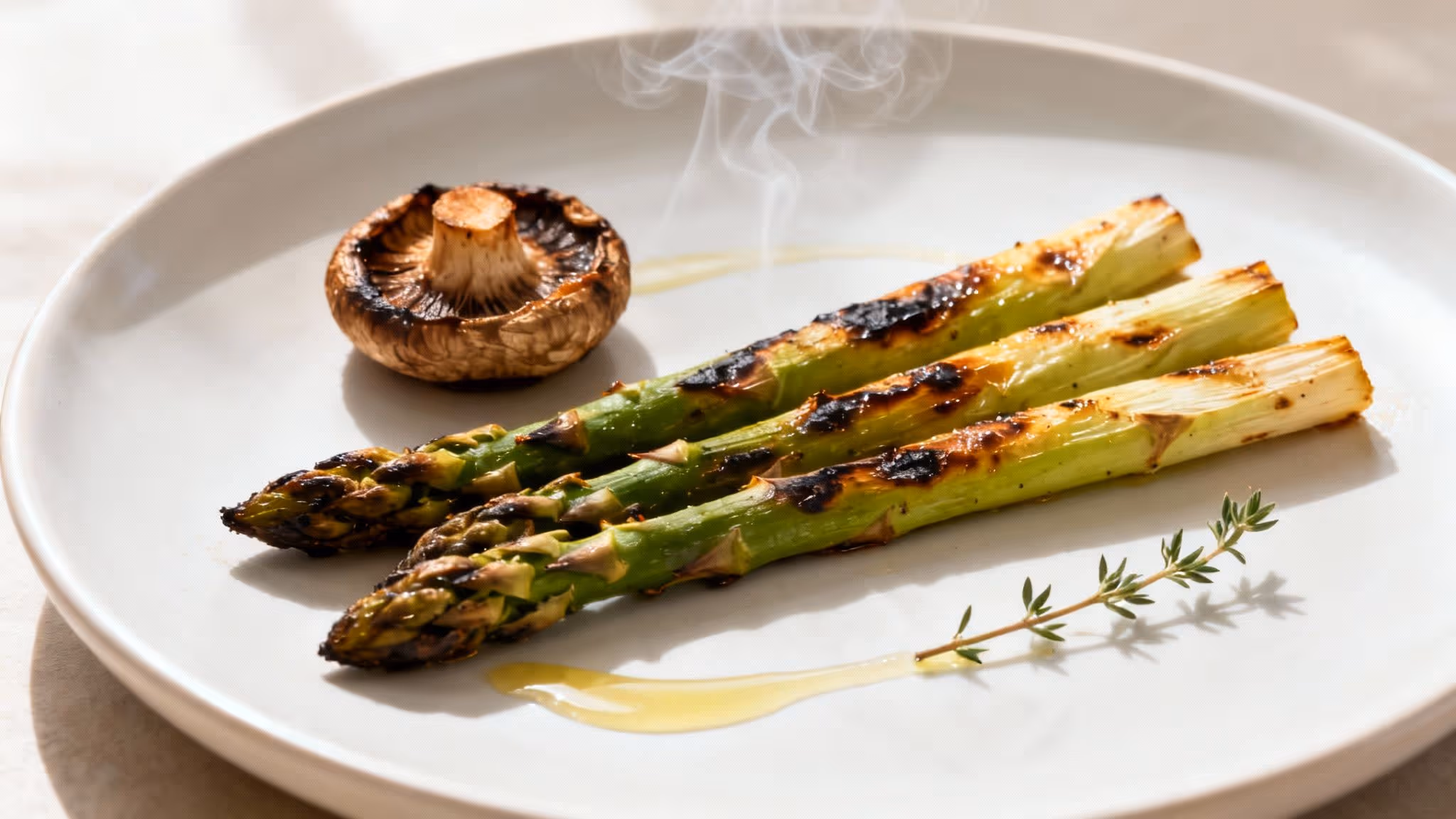 A white plate with three grilled asparagus spears, a grilled mushroom, and a thyme sprig.