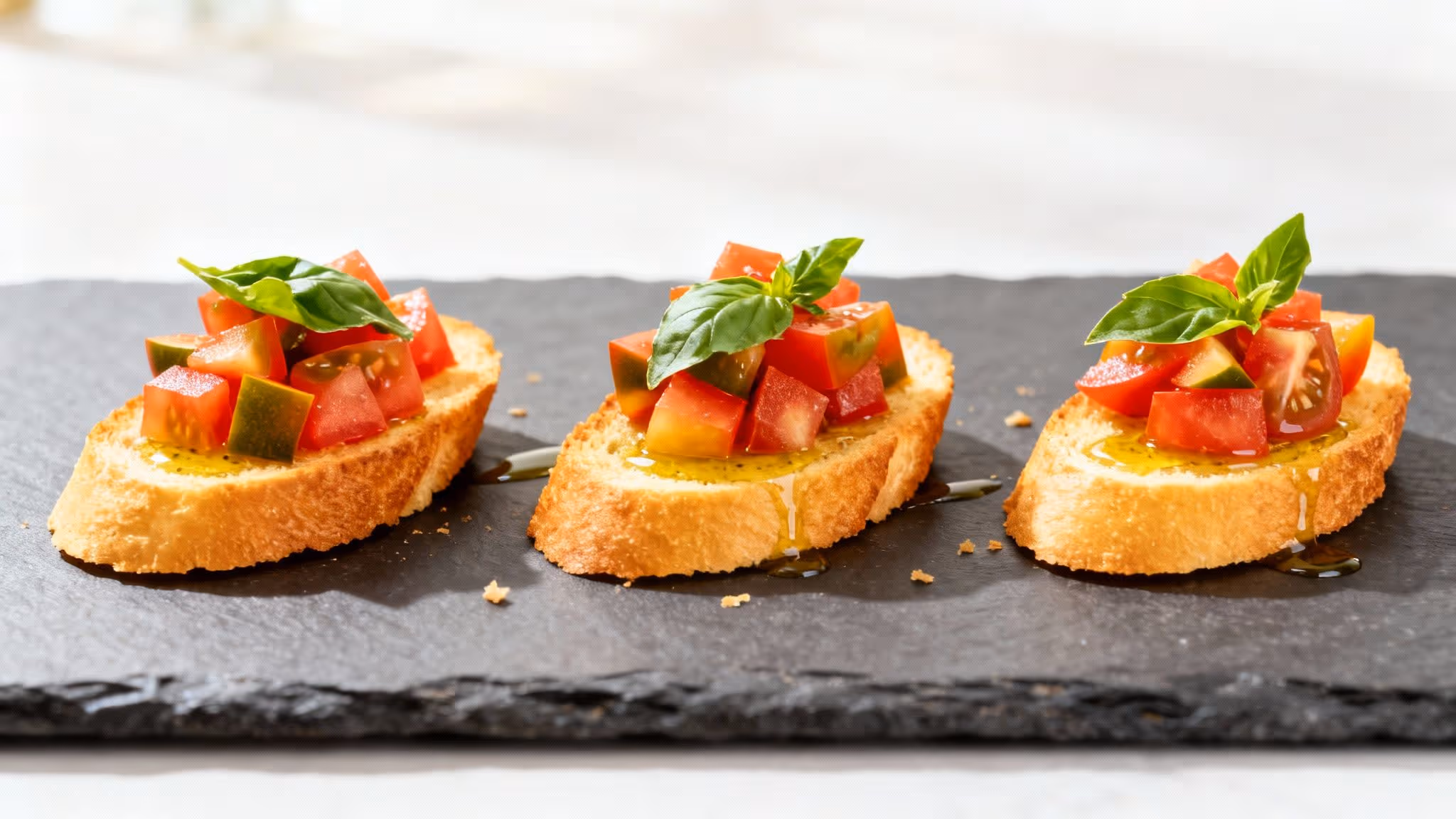 Delicious bruschetta with fresh diced tomatoes, basil, and olive oil on a dark serving platter.