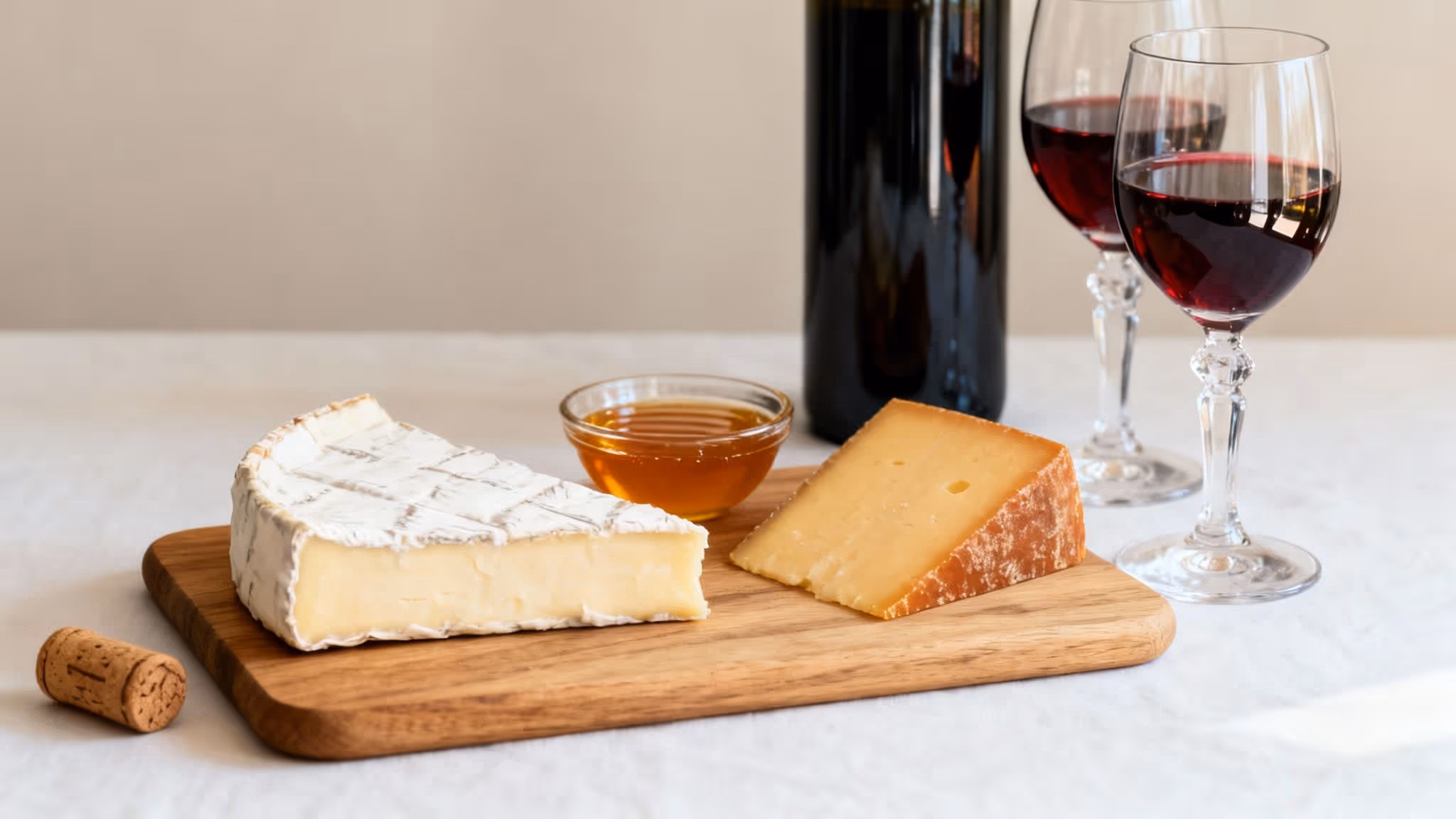 A wine and cheese pairing featuring brie, aged cheese, honey, red wine, and glasses on a table.