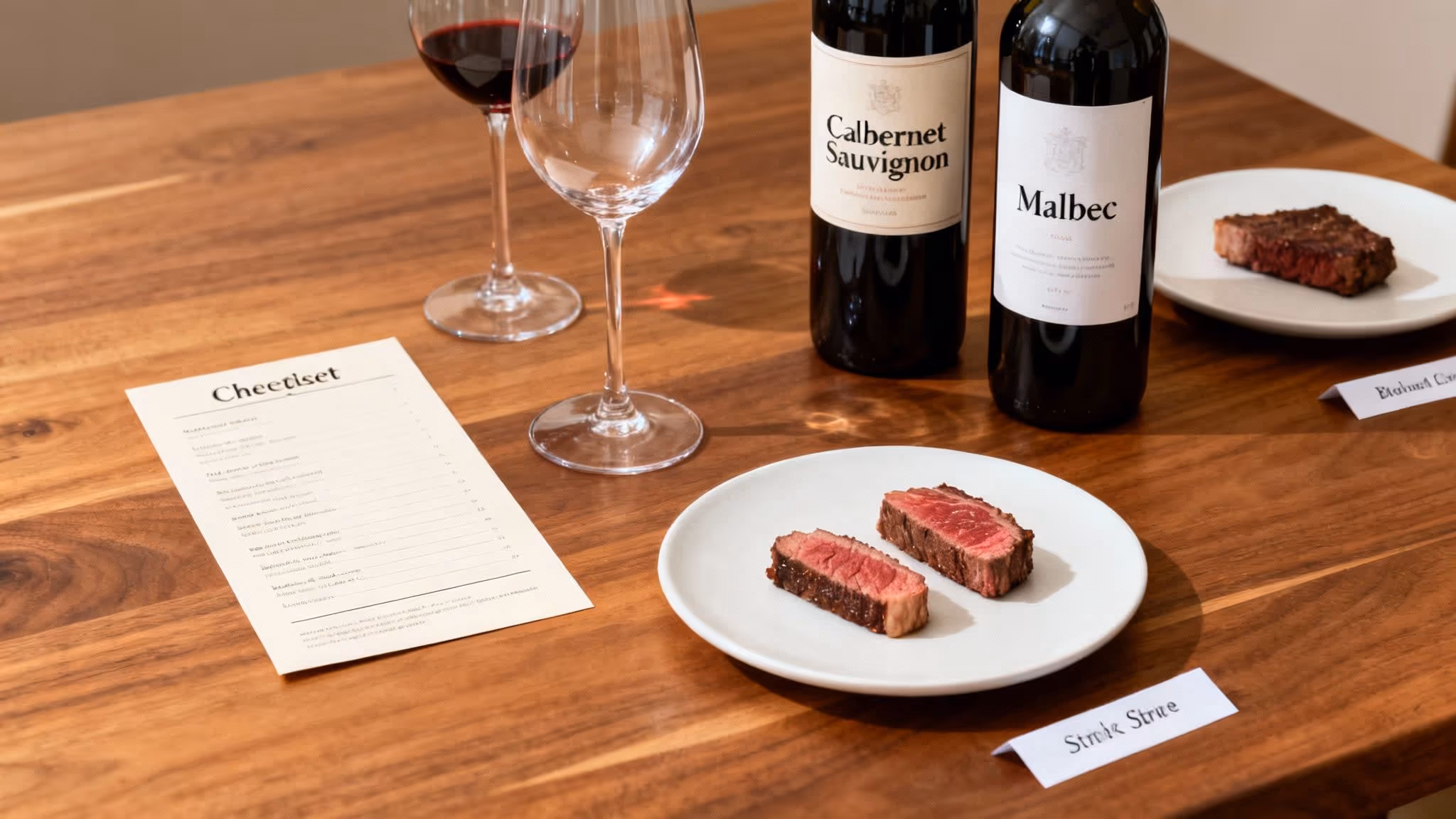 A curated wine and steak tasting setup with two red wine bottles, glasses, and steak on a wooden table.