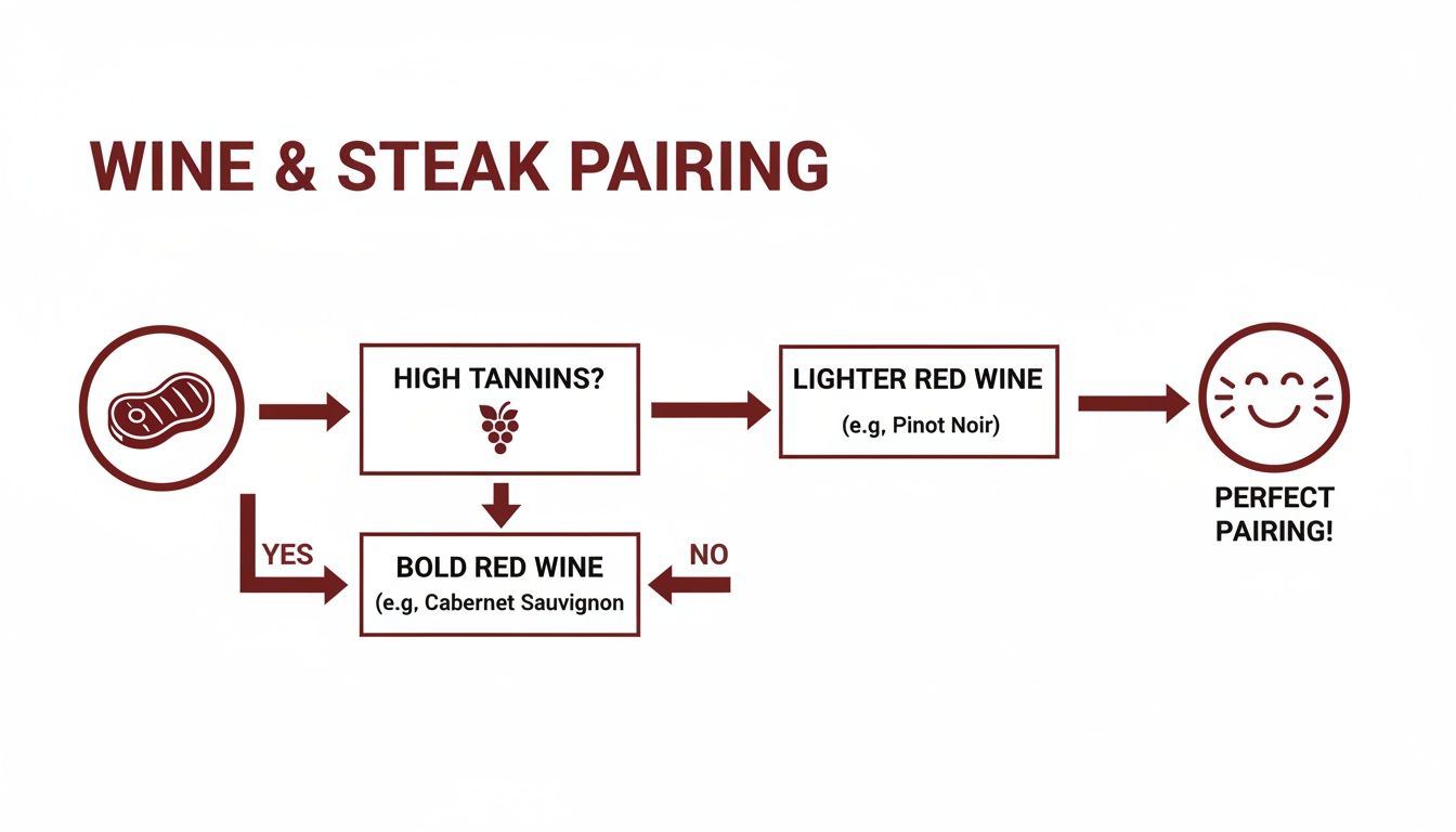 Flowchart guiding wine pairing for steak: bold red wine for high tannins, lighter red wine otherwise for a perfect match.