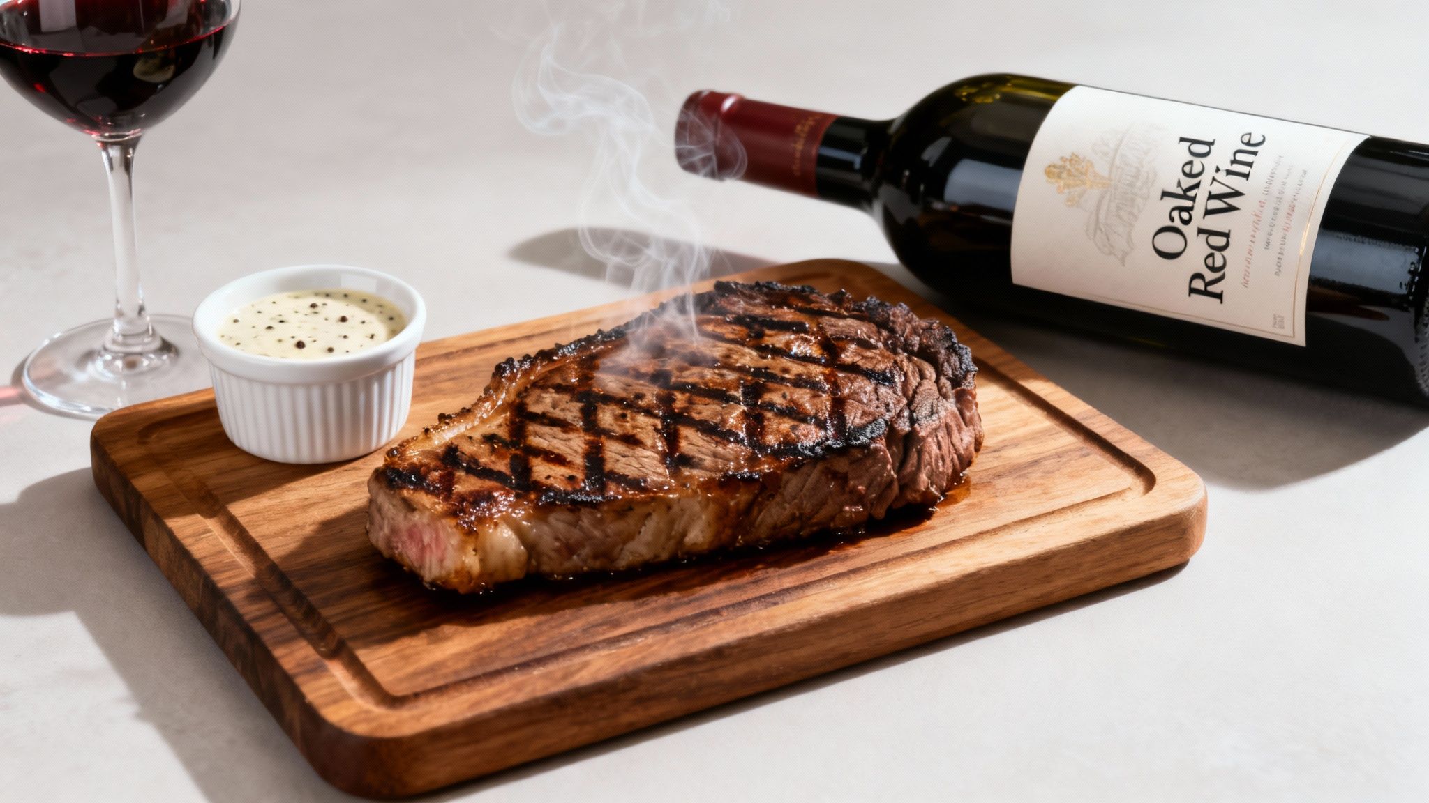 Sizzling grilled steak on a wooden board with a glass of red wine and creamy sauce.