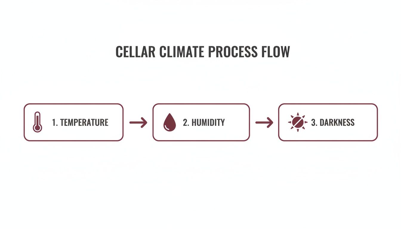 A diagram illustrating the cellar climate process flow with steps for temperature, humidity, and darkness.