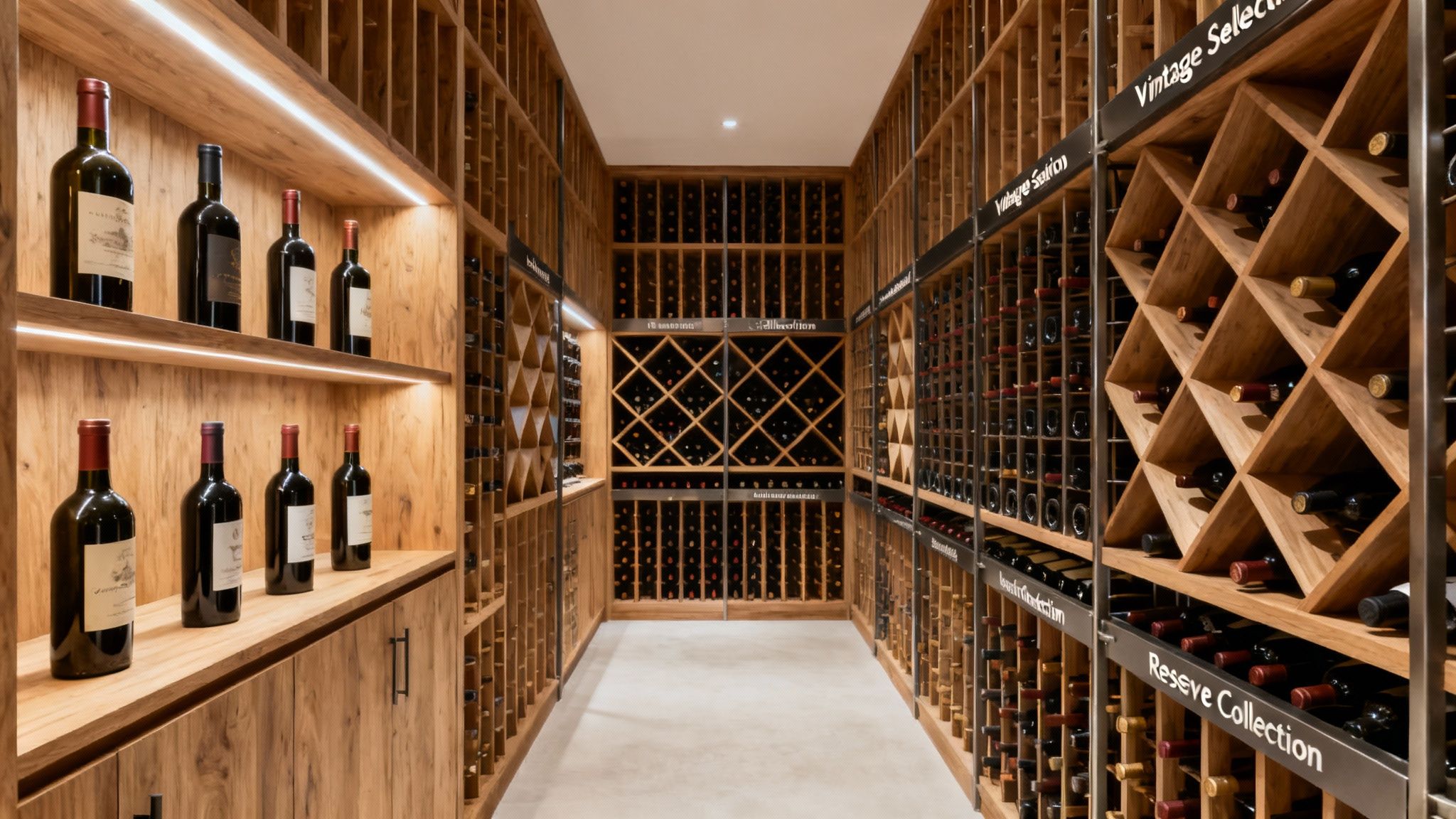 A spacious, custom-built wooden wine cellar with multiple shelves and racks filled with diverse wine bottles.