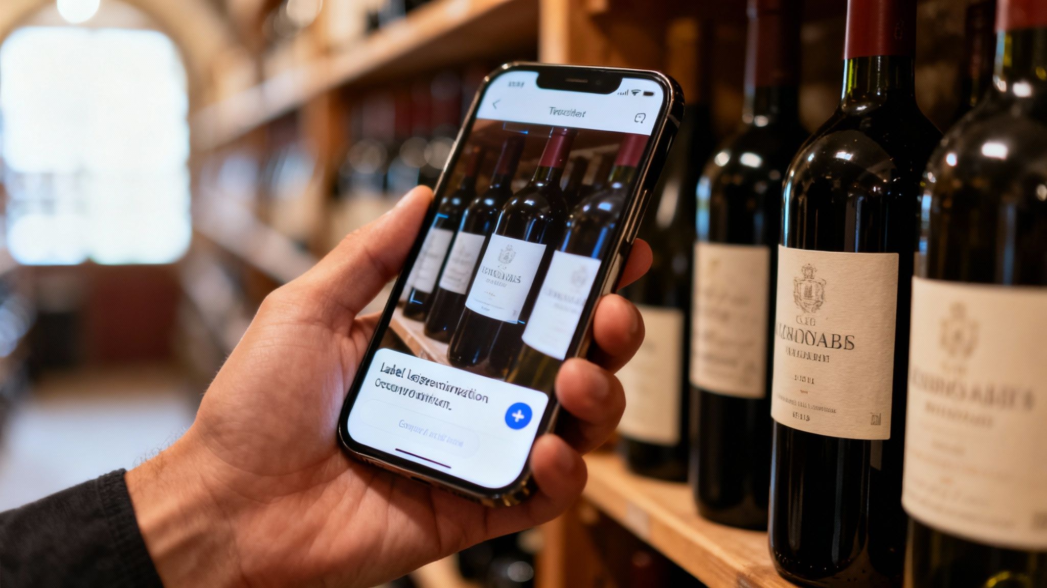 A hand holds a smartphone displaying an app identifying wine bottles in a cellar or store.