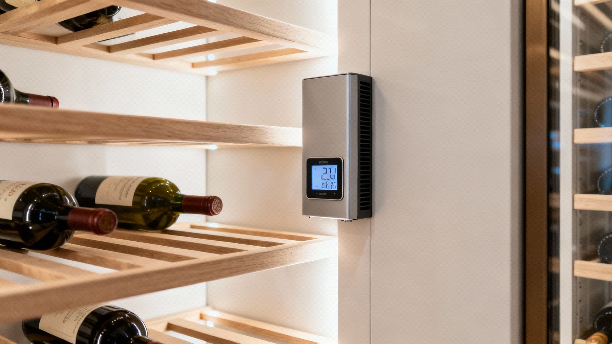 Neatly arranged wine bottles on light wood shelves inside a climate-controlled wine fridge with a digital screen.