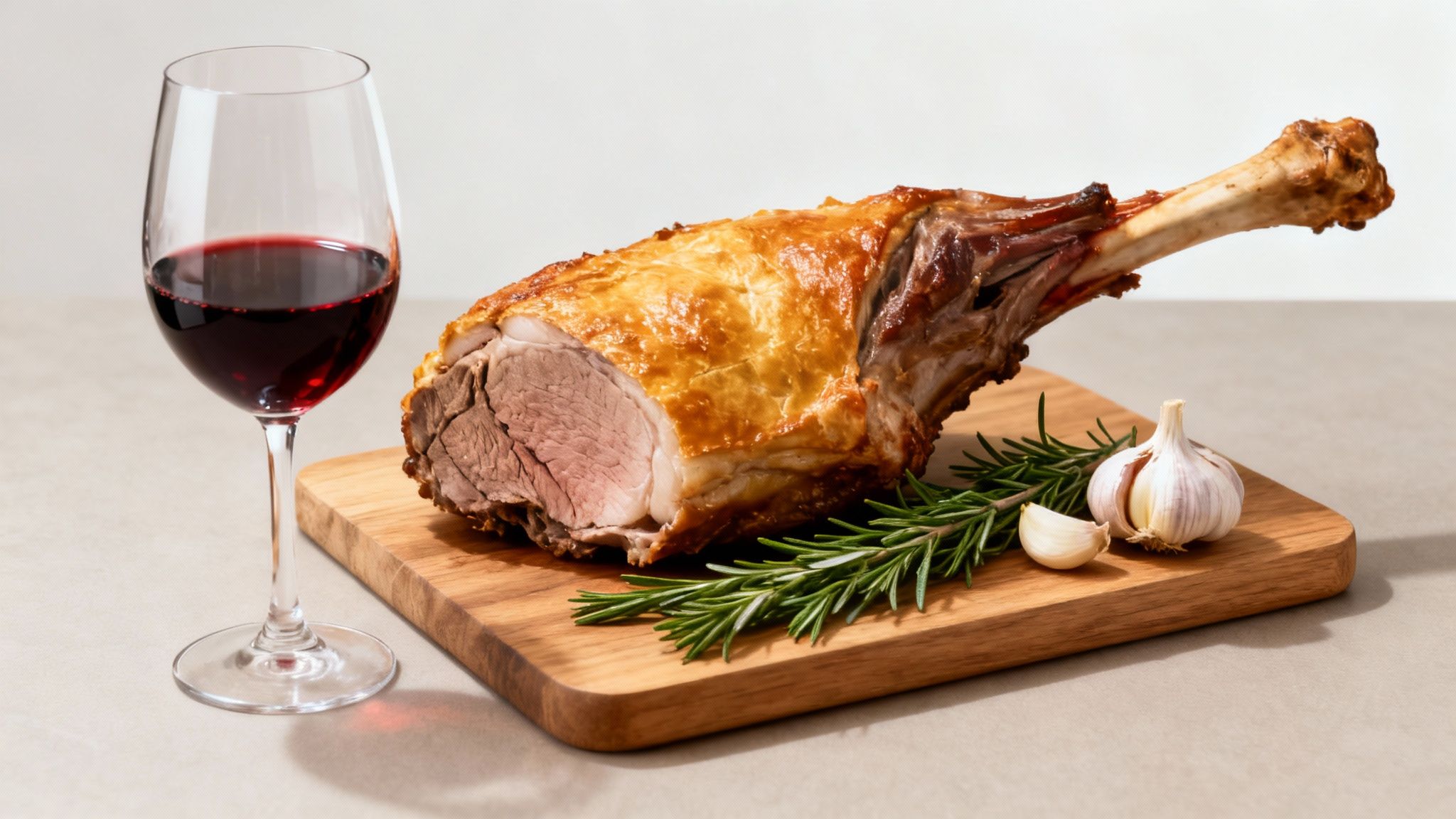 A perfectly roasted leg of lamb on a wooden board with fresh rosemary and garlic, next to a glass of red wine.