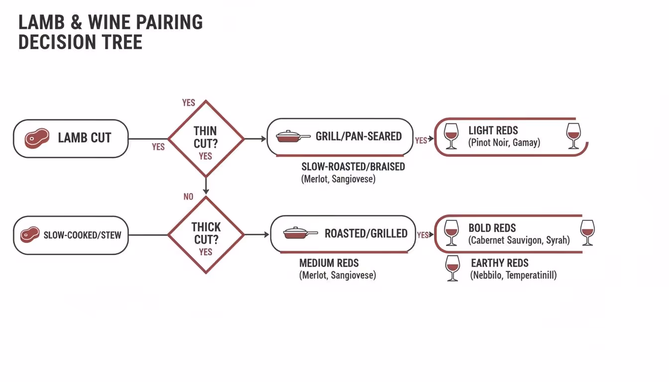 A decision tree illustrating wine pairings for lamb based on its cut thickness and cooking method.