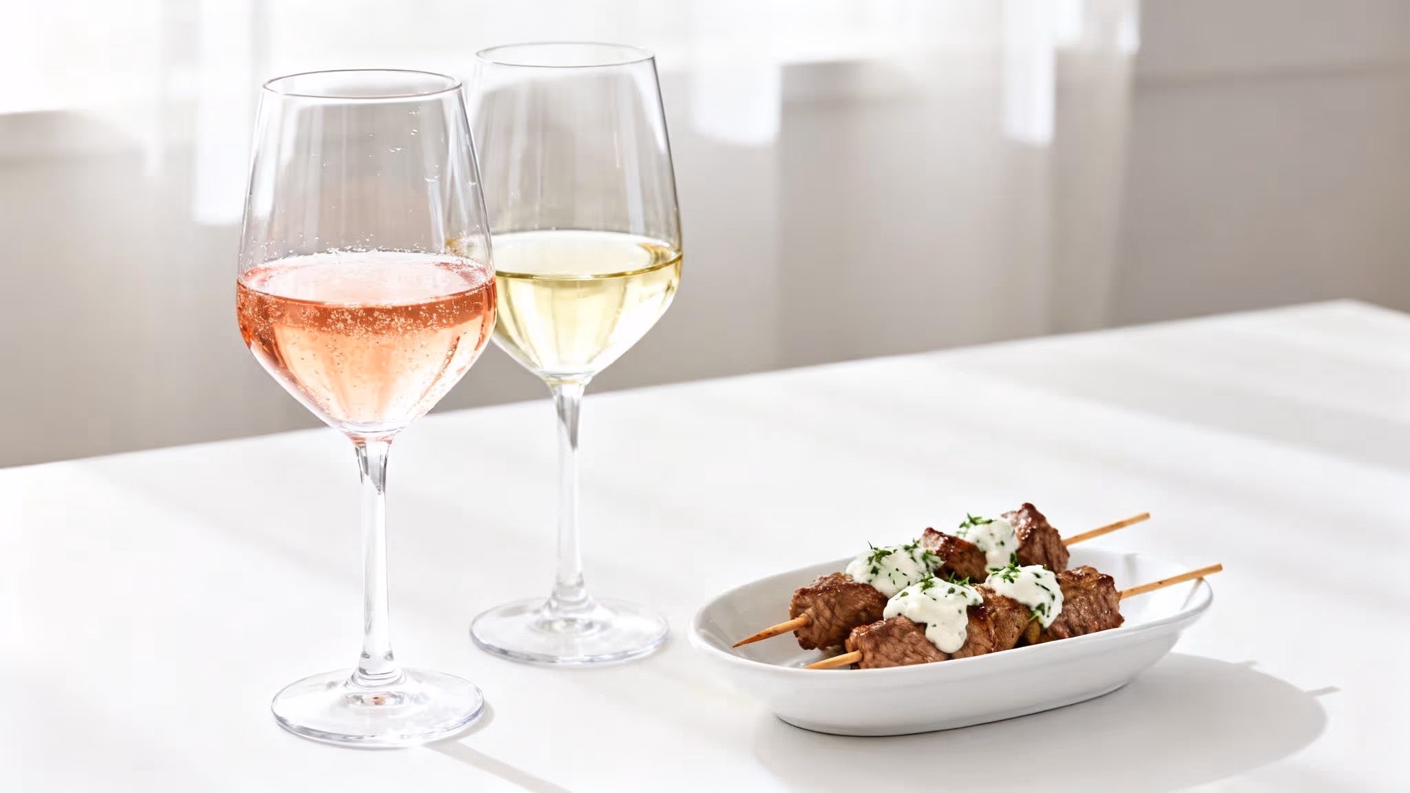 Two wine glasses, one rosé and one white, sit next to a plate of lamb skewers.
