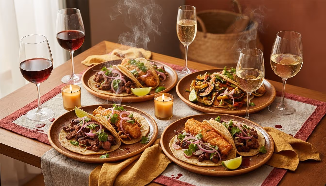 Cozy stylish table scene with carne asada, fish, and veggie tacos on rustic plates paired with glasses of rosé, sparkling wine, light red, and crisp white wines in a deep wine red and warm gold palette.