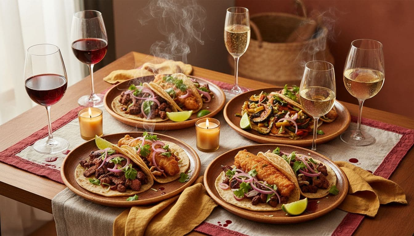 Cozy stylish table scene with carne asada, fish, and veggie tacos on rustic plates paired with glasses of rosé, sparkling wine, light red, and crisp white wines in a deep wine red and warm gold palette.