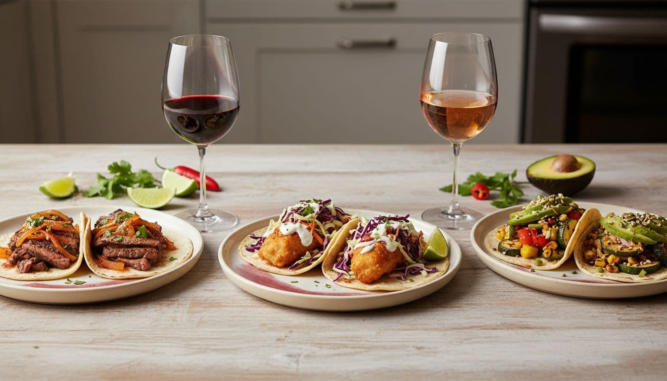 Editorial-style high-resolution image featuring carne asada, fish, and veggie tacos each paired with ideal wines: Pinot Noir, Sauvignon Blanc, and rosé, accented with deep wine red and warm gold tones.