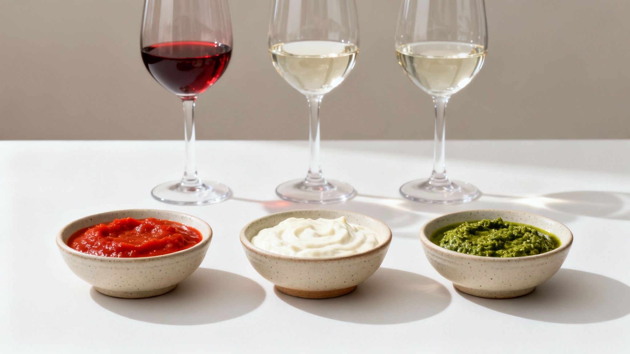Three wine glasses (red and white) stand behind bowls of red, white, and green sauces.