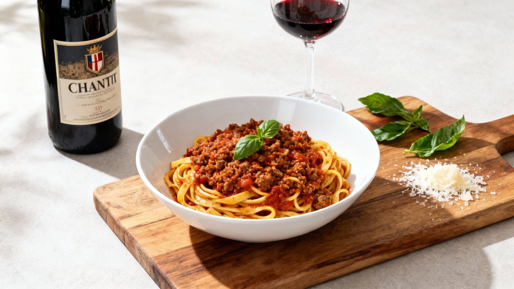 A bowl of spaghetti bolognese with red wine, basil, and grated cheese on a wooden board.
