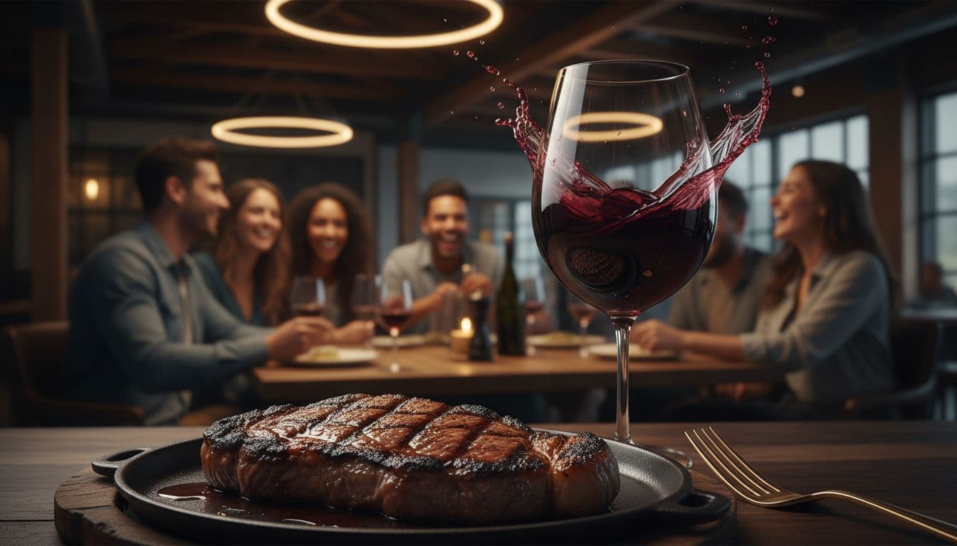 Photorealistic image of juicy New York strip steak with grill marks on cast iron plate, paired with balloon glass of spicy Syrah wine, in lively modern steakhouse background.