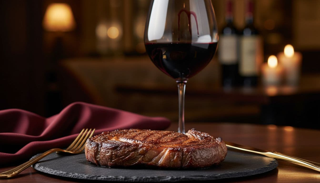 Photorealistic image of a perfectly cooked ribeye steak with visible marbling and sear on a slate plate, paired with a glass of full-bodied Cabernet Sauvignon red wine, in a cozy upscale steakhouse ambiance with dim warm lighting and blurred wine bottles.