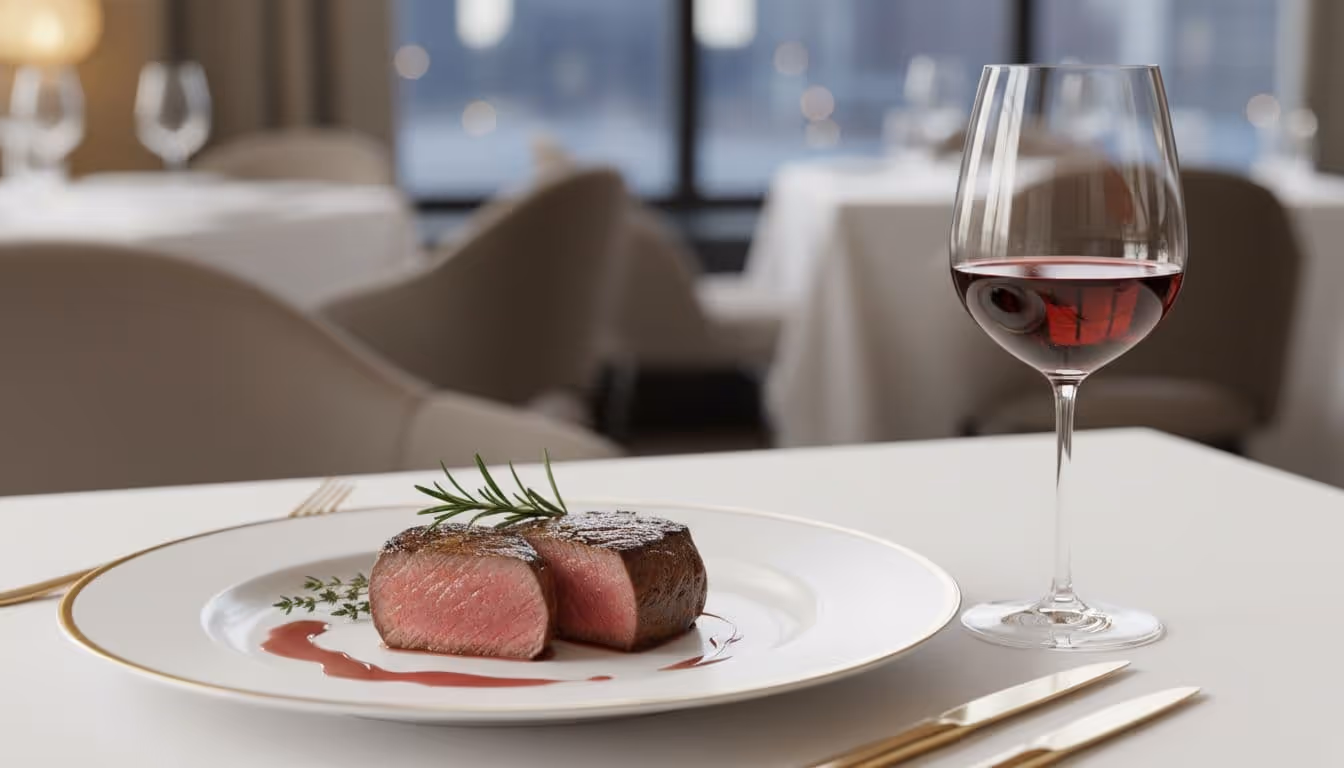 Photorealistic image of tender medium-rare filet mignon on a white porcelain plate with herb garnish, beside a tulip glass of garnet-hued red wine like Pinot Noir, in a refined modern steakhouse setting with burgundy and gold accents.