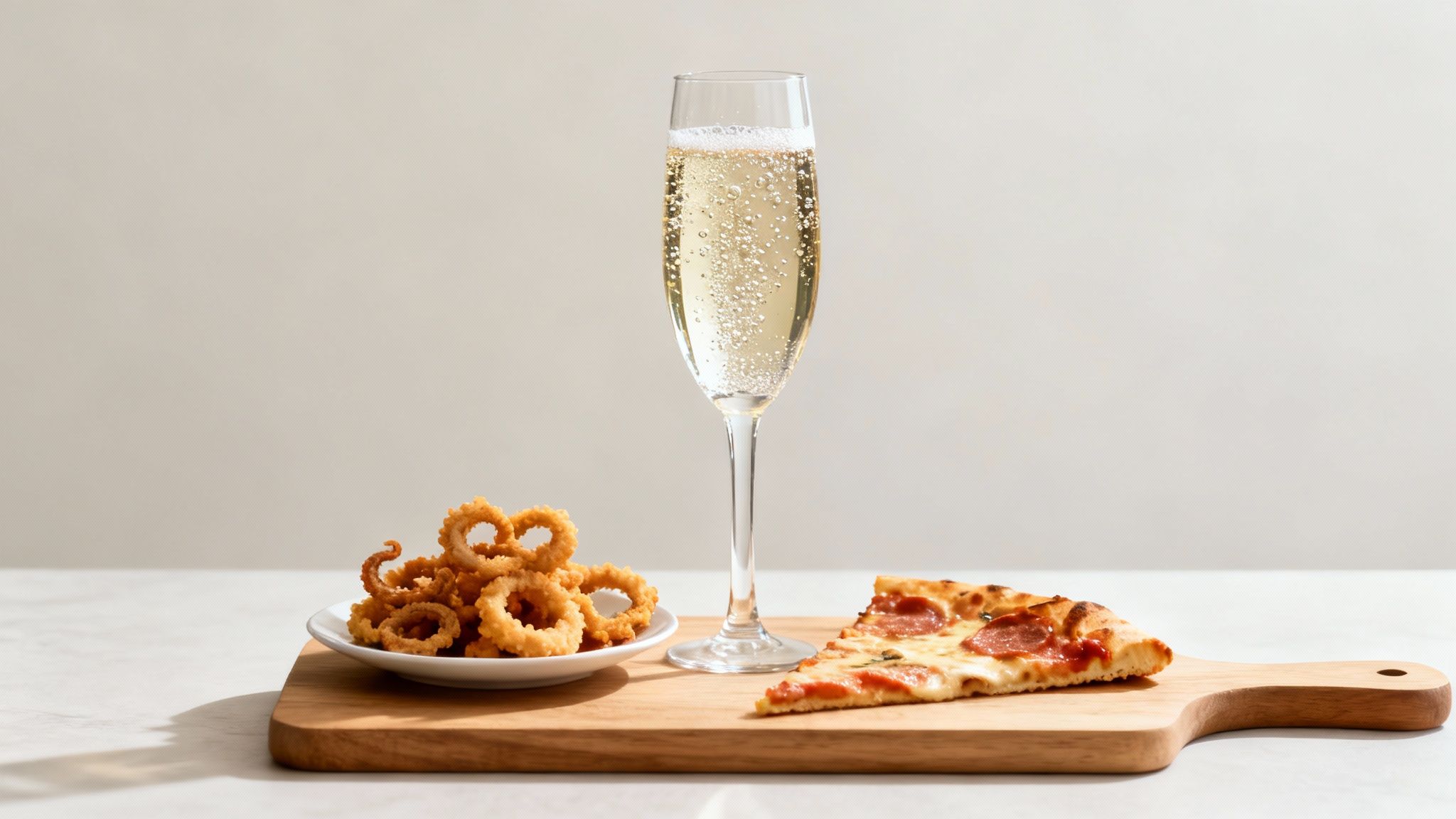 A glass of champagne, a plate of crispy onion rings, and a slice of pepperoni pizza.