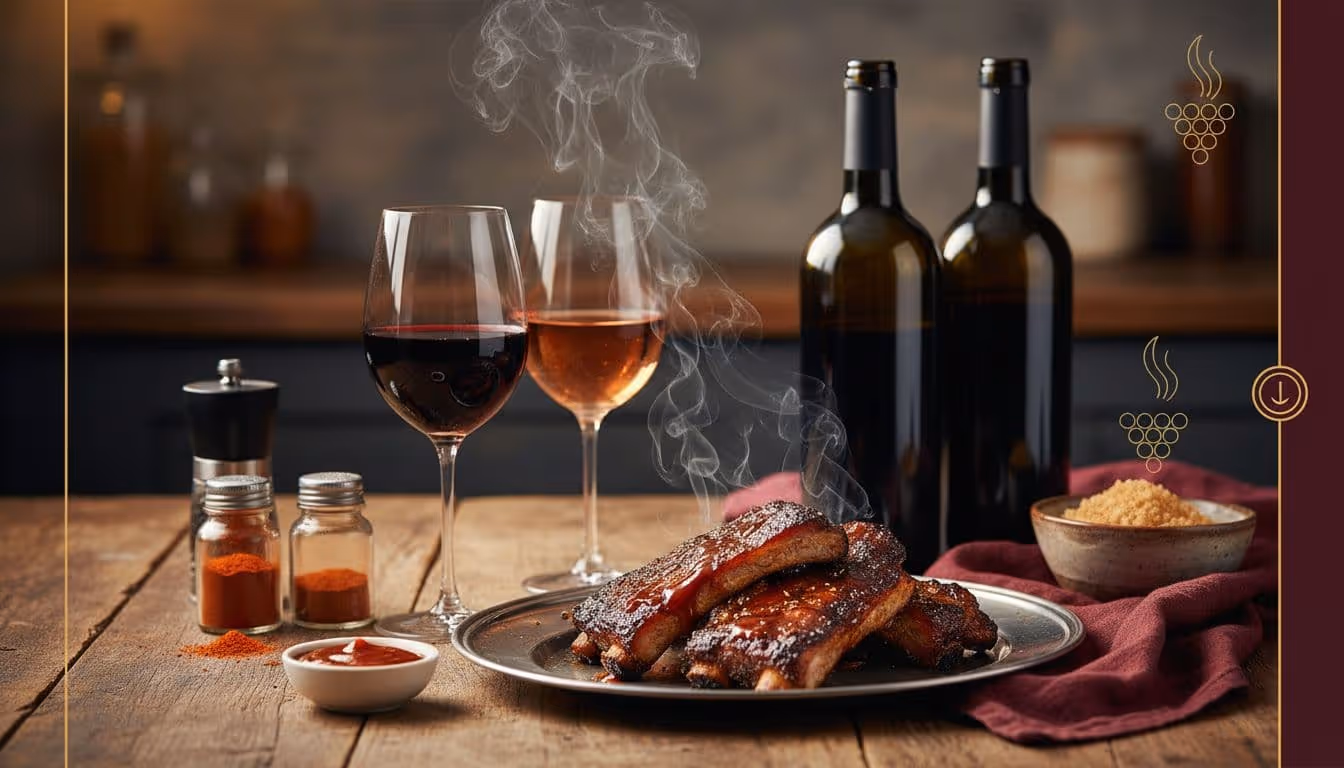 Close-up landscape image of smoked BBQ pork ribs on a platter with dripping glossy sauce, paired with elegant glasses of red wine and rosé, props like spices and sauce on a rustic wood table with burgundy and gold accents.