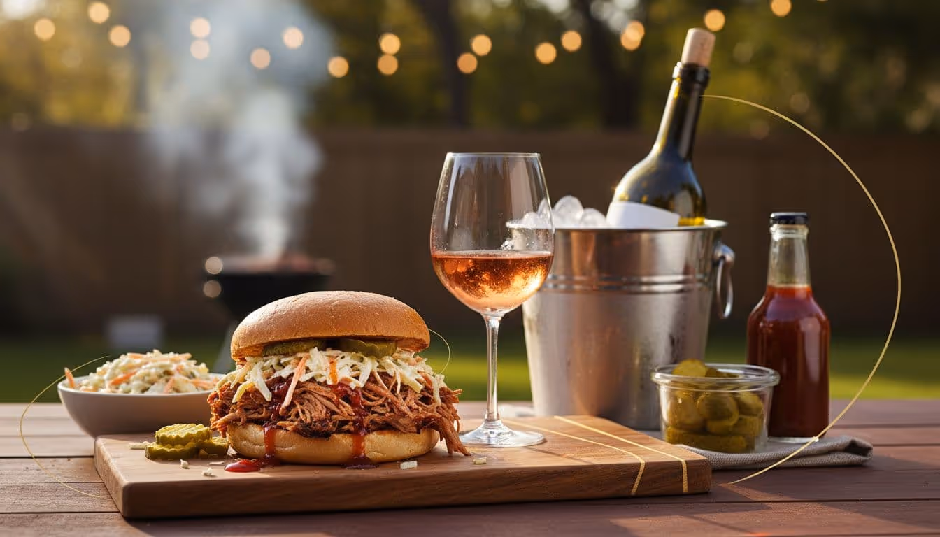 Modern editorial food photography of a pulled pork sandwich with crunchy slaw, pickles, and tangy vinegar sauce paired with a chilled light red wine glass in a backyard BBQ setting with golden hour lighting.