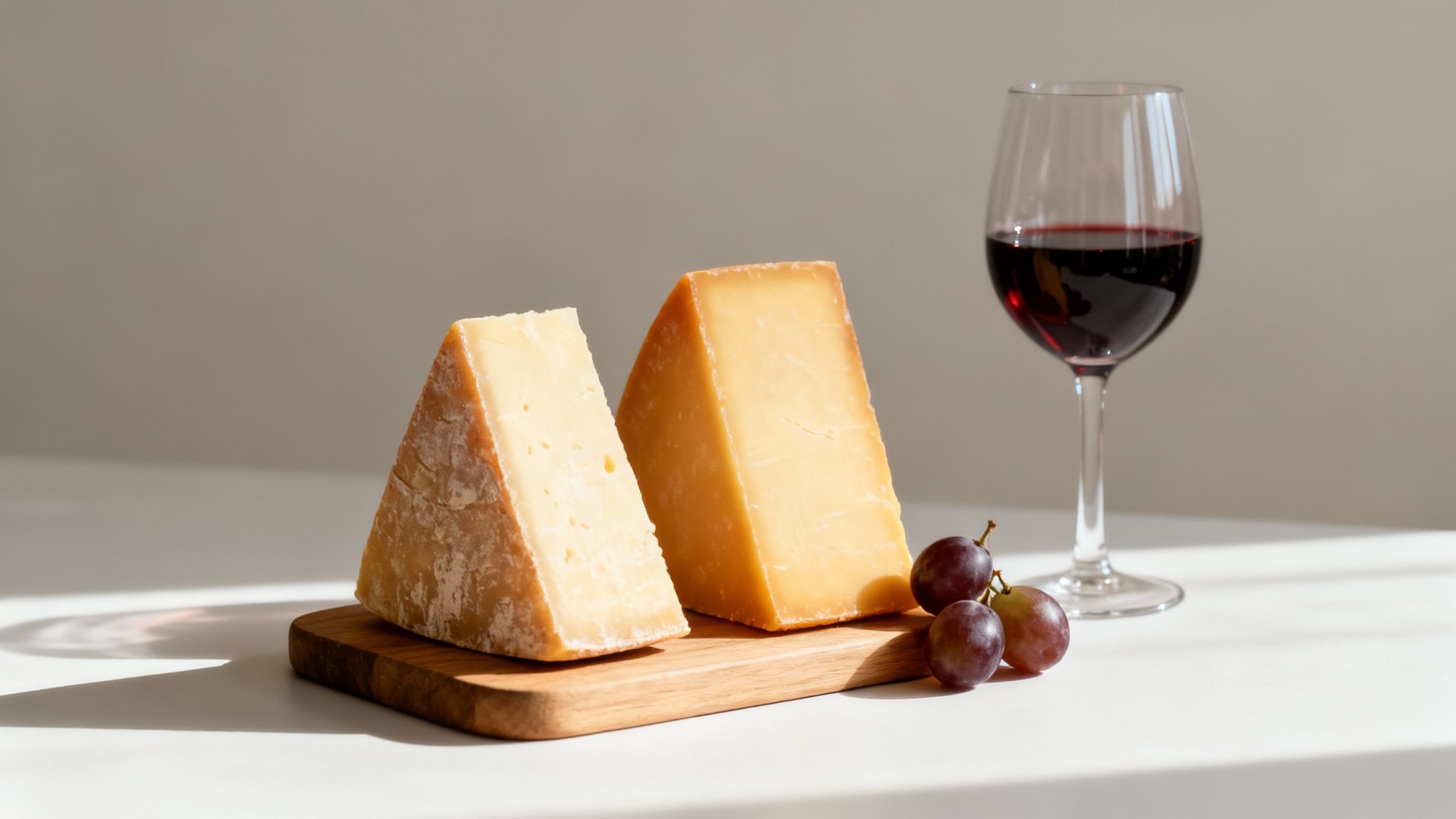 Two cheese wedges, red wine, and grapes on a board in sunlight, perfect for a tasting.
