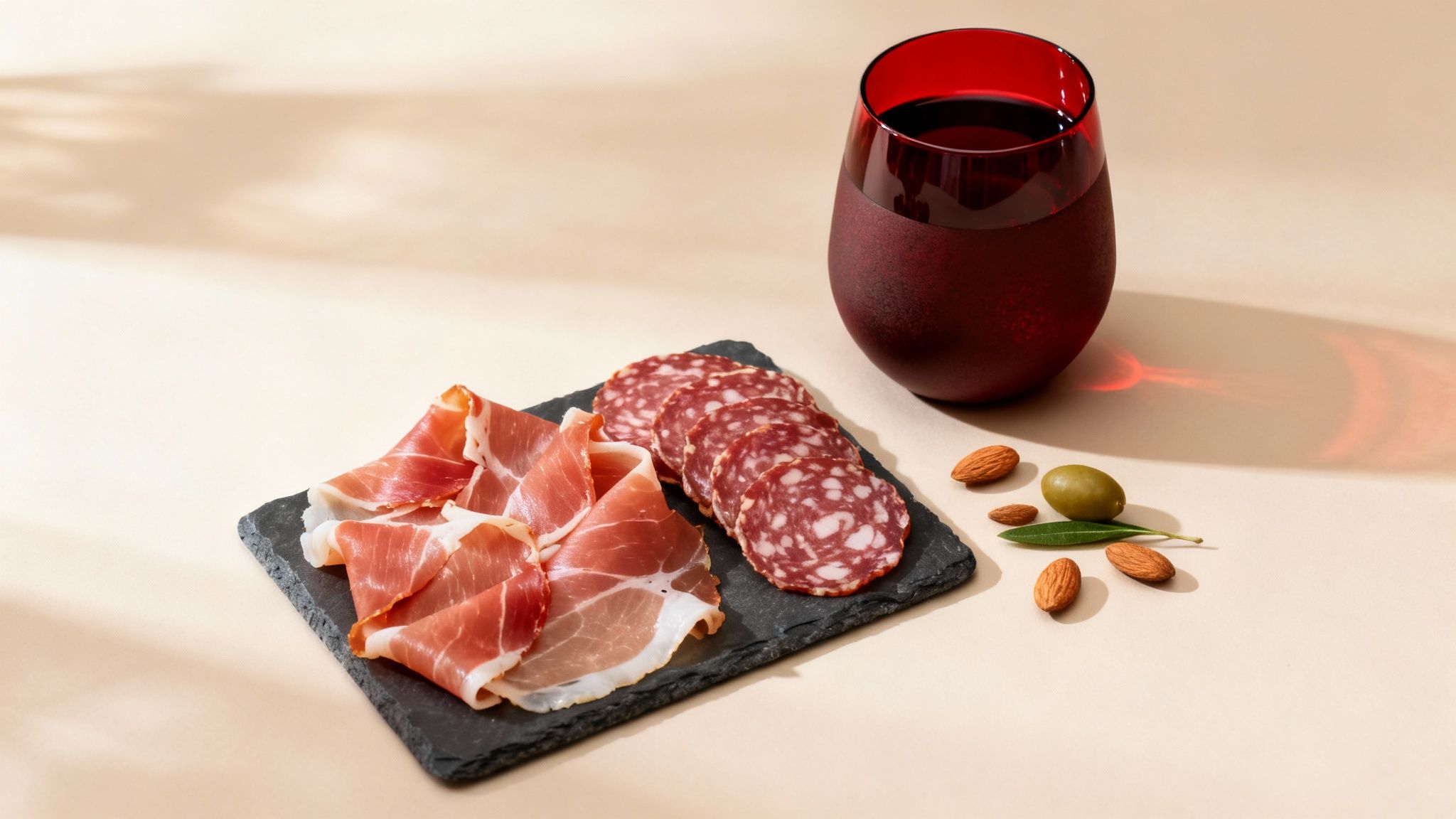 A delicious platter of prosciutto and salami, red wine, almonds, and an olive on a beige surface.