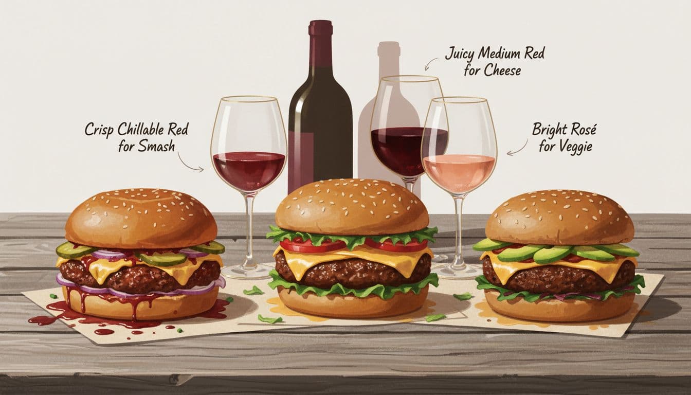 Overhead editorial illustration of smash burger, cheeseburger, and veggie burger paired with red wines and rosé on a rustic wooden table for a wine blog.