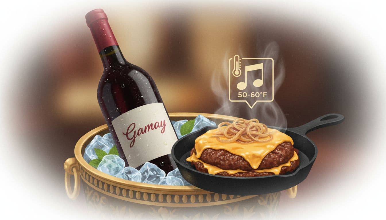 Close-up editorial illustration of chilled Gamay-style red wine in an ice bucket beside a smashed burger patty with melting cheese, highlighting the ideal serving temperature of 50-60°F.