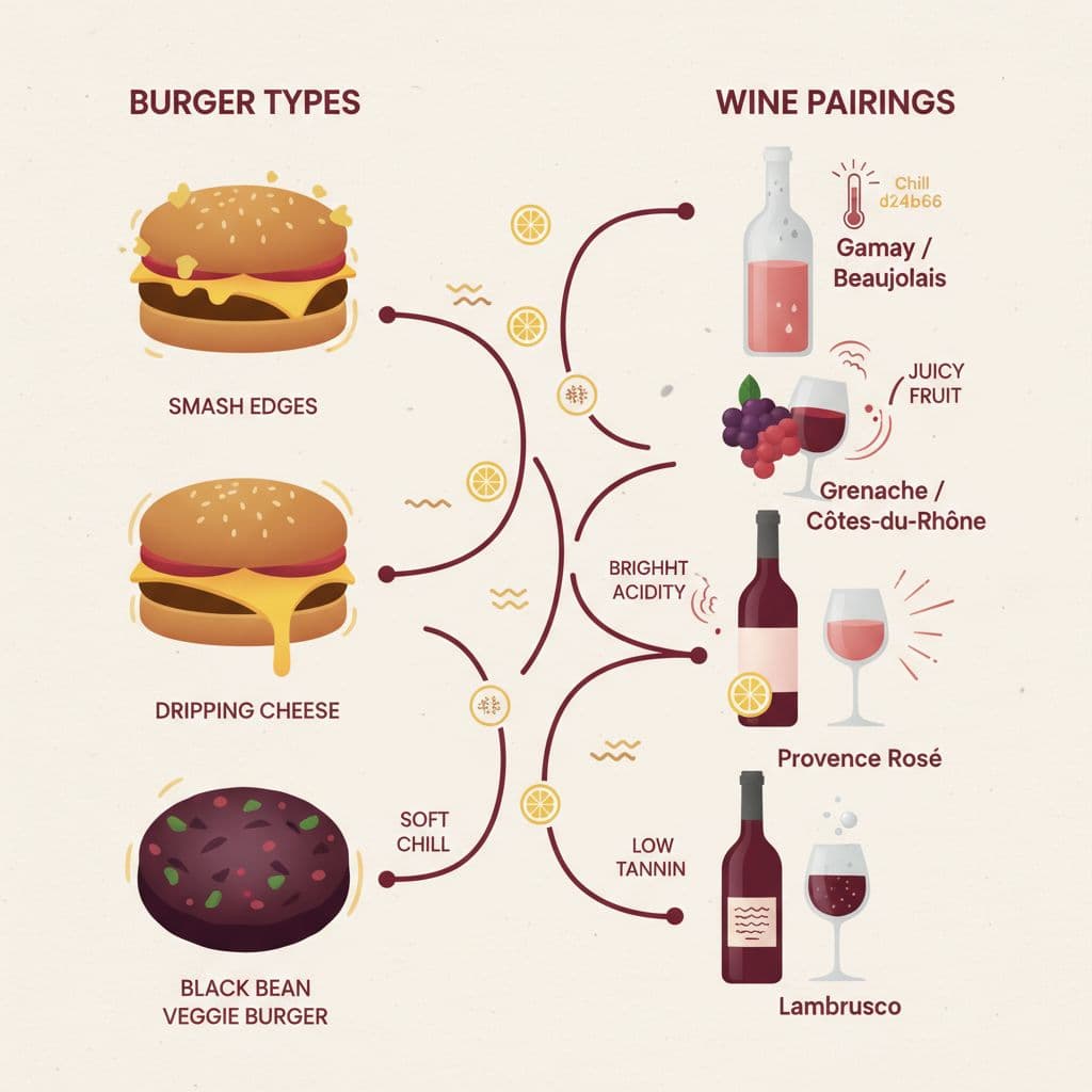 Modern editorial illustration as a concept explainer infographic showing stylized smash burger, cheeseburger, and black bean veggie burger icons paired with Gamay/Beaujolais, Grenache/Côtes-du-Rhône, Provence Rosé, and Lambrusco wines, connected by curved lines with visual cues for acidity, tannins, and chill temperatures.