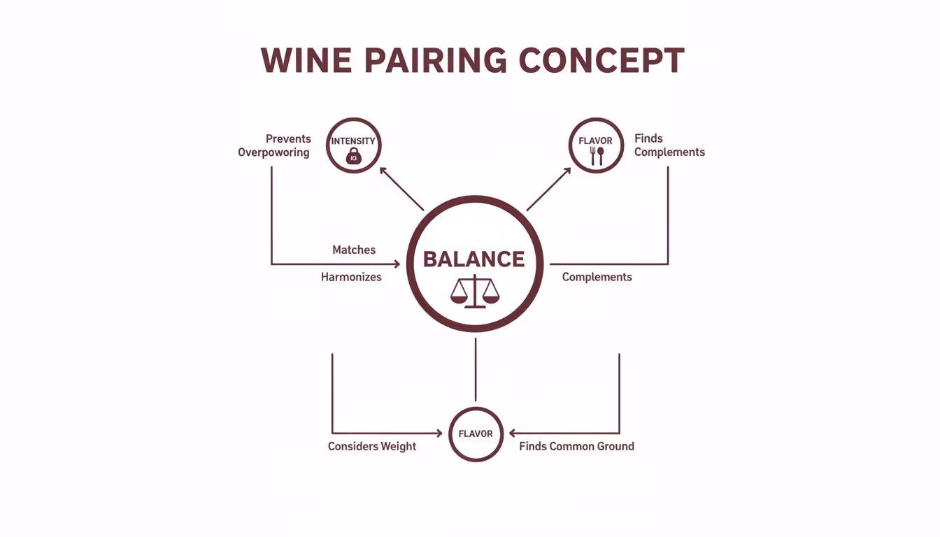 A diagram illustrating the wine pairing concept, focusing on achieving balance with intensity and flavor.