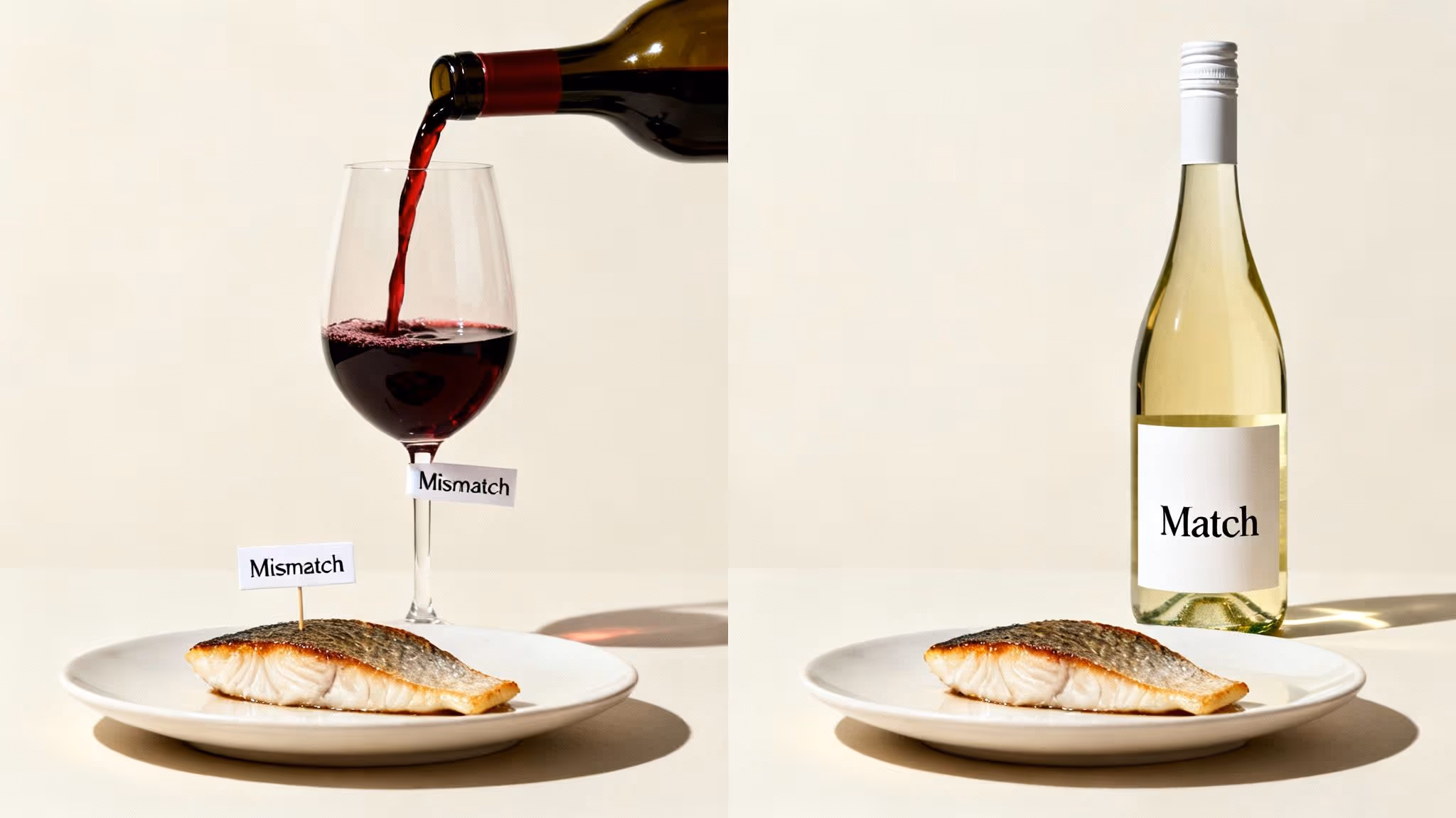 Red wine being poured with fish labeled 'Mismatch', white wine bottle with fish labeled 'Match'.