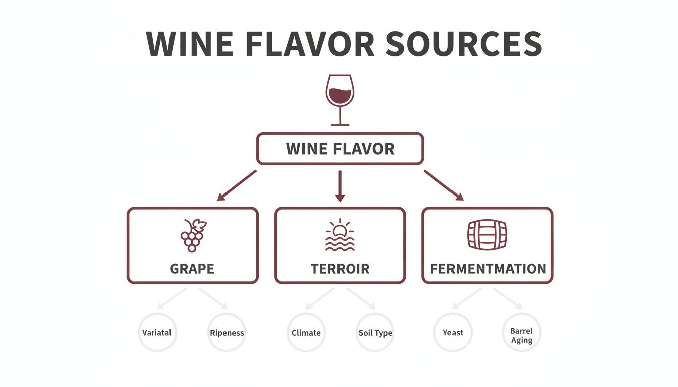 Diagram detailing wine flavor sources from grape, terroir, and fermentation processes.