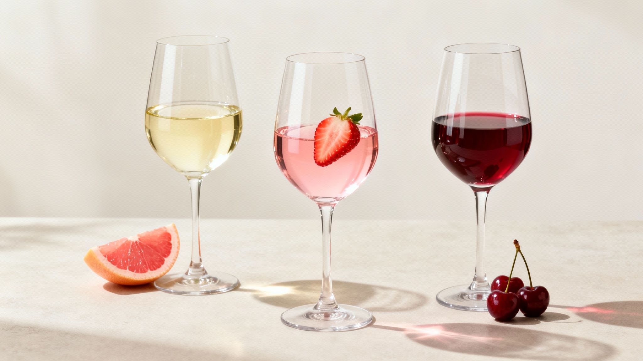 Three wine glasses with white, rosé, and red wine, served with grapefruit, strawberry, and cherries.