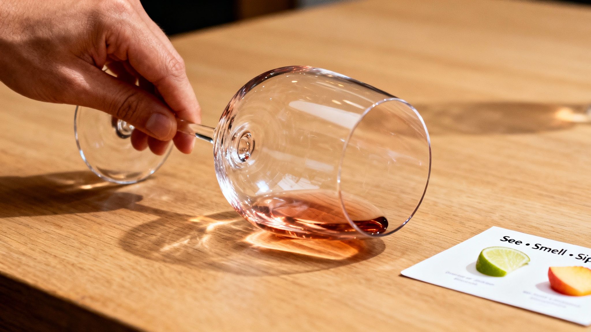 A hand gently holds a wine glass with rosé wine, tilted on a light wooden table during a tasting event.