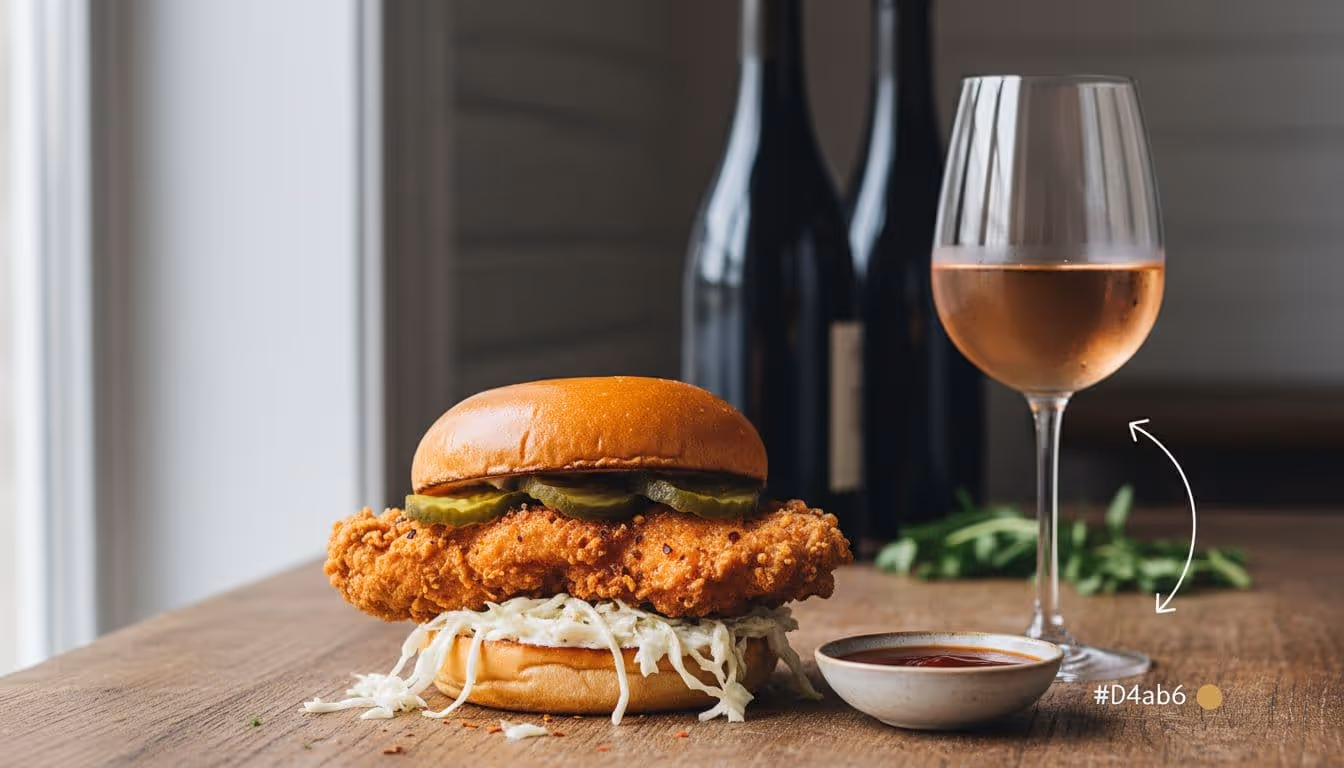 Modern editorial food photography of a spicy fried chicken sandwich overflowing with slaw and pickles, paired with chilled Riesling or rosé wine, on a wooden surface with subtle spice-to-sweetness infographic overlay.