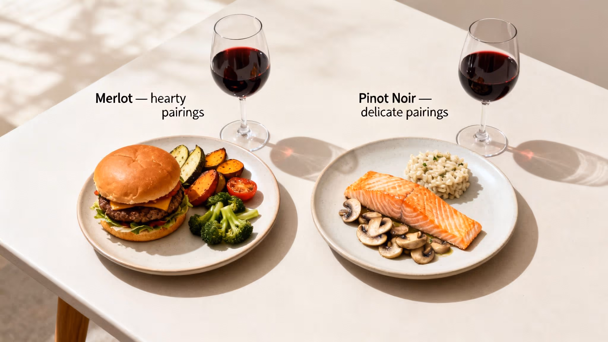 Merlot and Pinot Noir red wines, each paired with specific hearty and delicate meals.