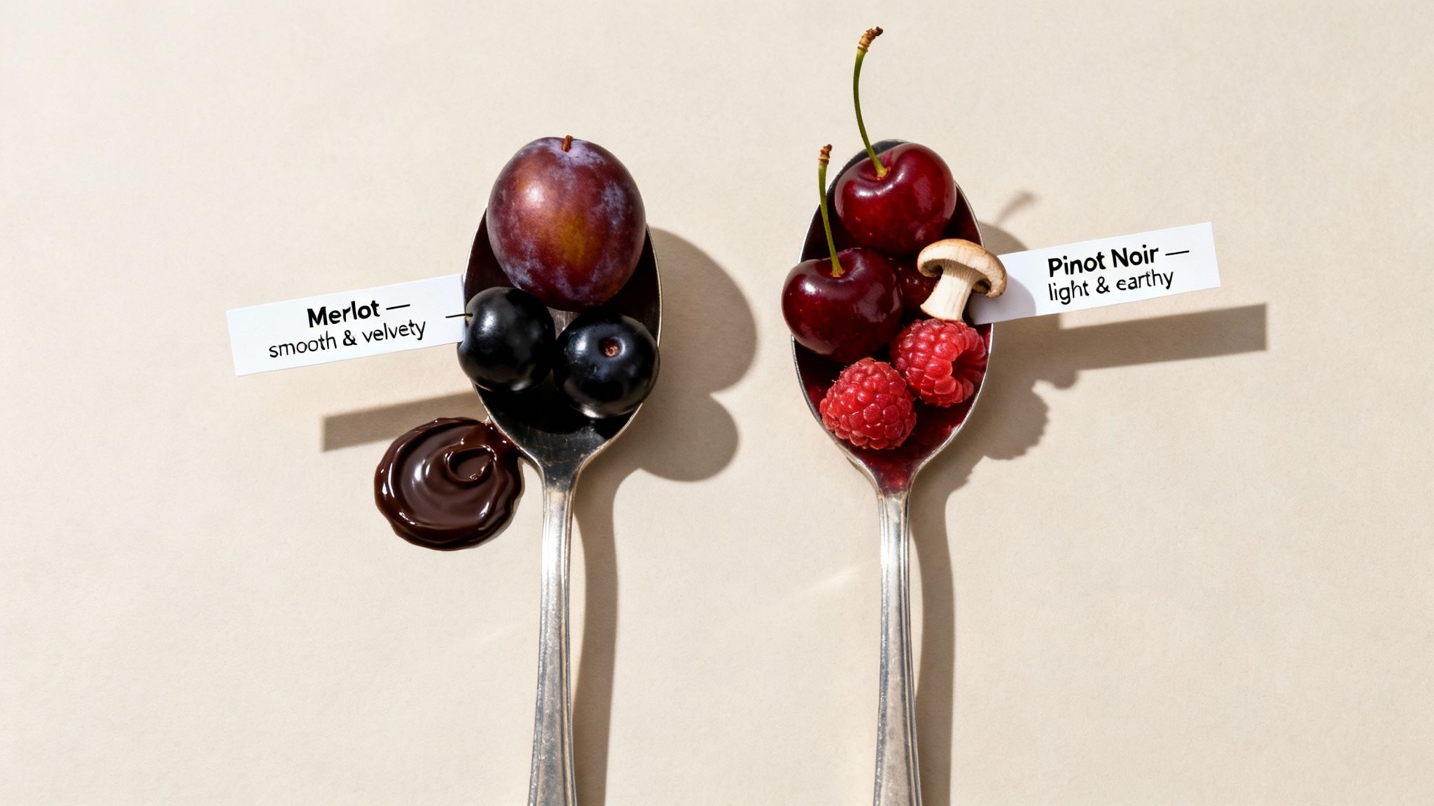 Two spoons display flavor profiles for Merlot (plum, blueberry, chocolate) and Pinot Noir (cherry, raspberry, mushroom).