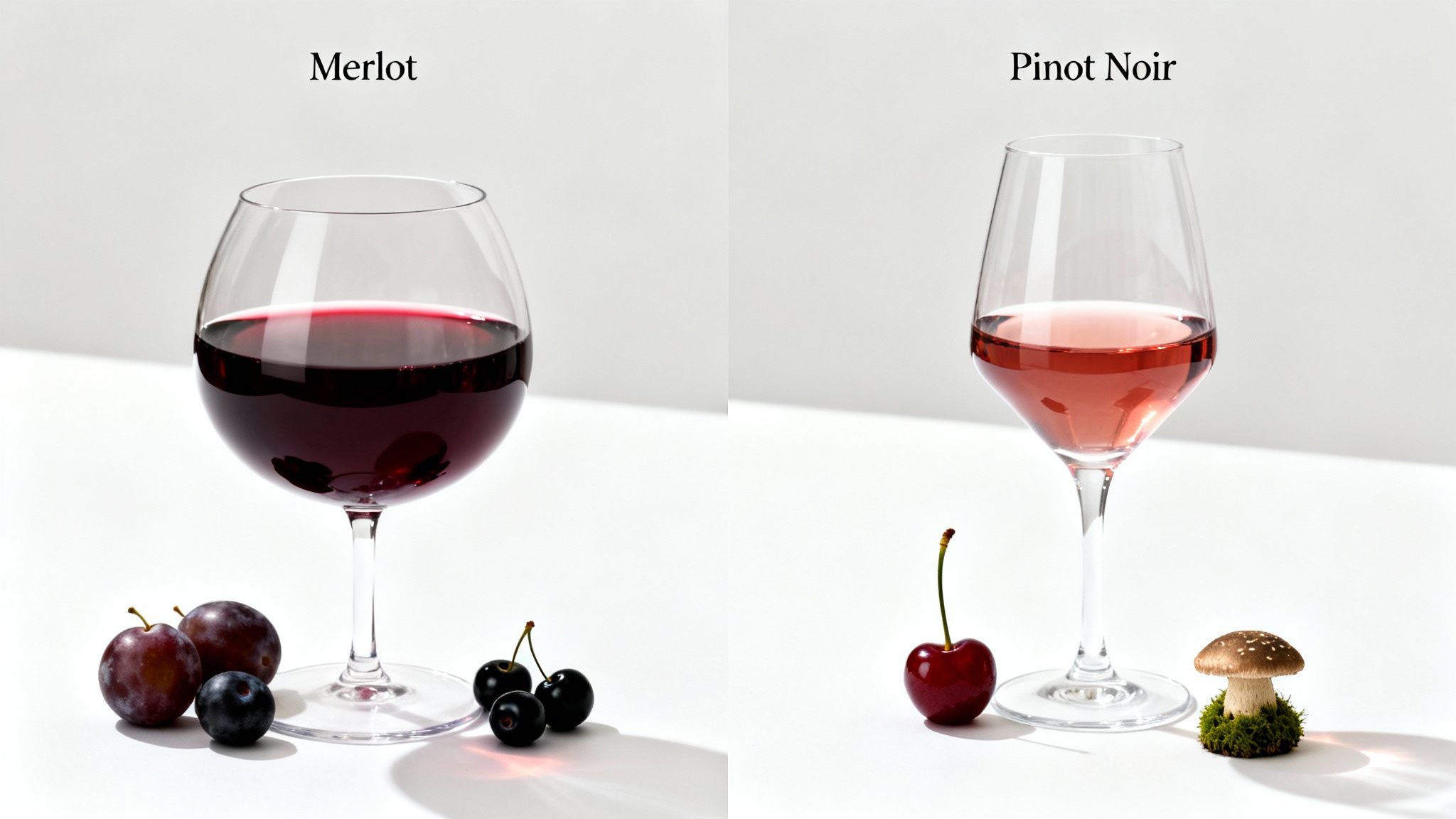 Two wine glasses, Merlot and Pinot Noir, with corresponding fruit and mushroom pairings on a white background.