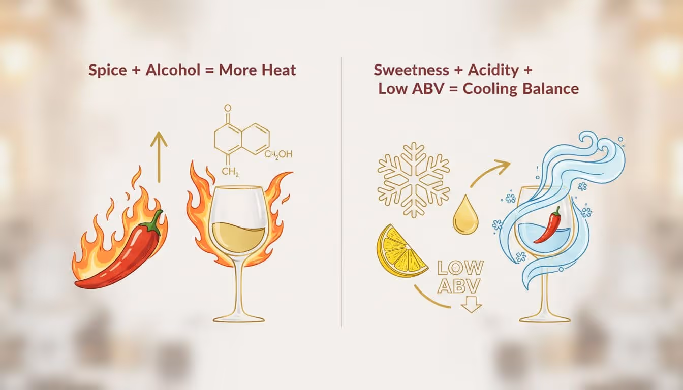 Clean, modern infographic explaining wine and spice balance: alcohol amplifies chili heat on the left, while sweetness, acidity, and low ABV cool it on the right.