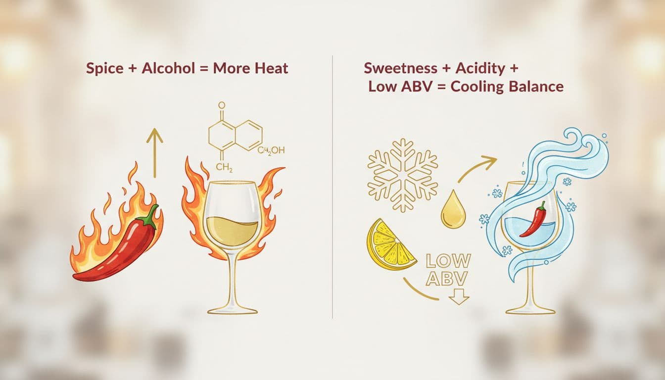 Clean, modern infographic explaining wine and spice balance: alcohol amplifies chili heat on the left, while sweetness, acidity, and low ABV cool it on the right.