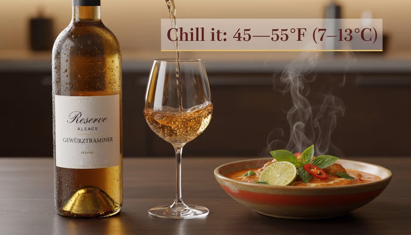 Photorealistic close-up of a chilled bottle of off-dry white wine pouring into a glass beside a steaming bowl of Thai red curry topped with basil and lime, featuring overlay text on ideal chilling temperature.